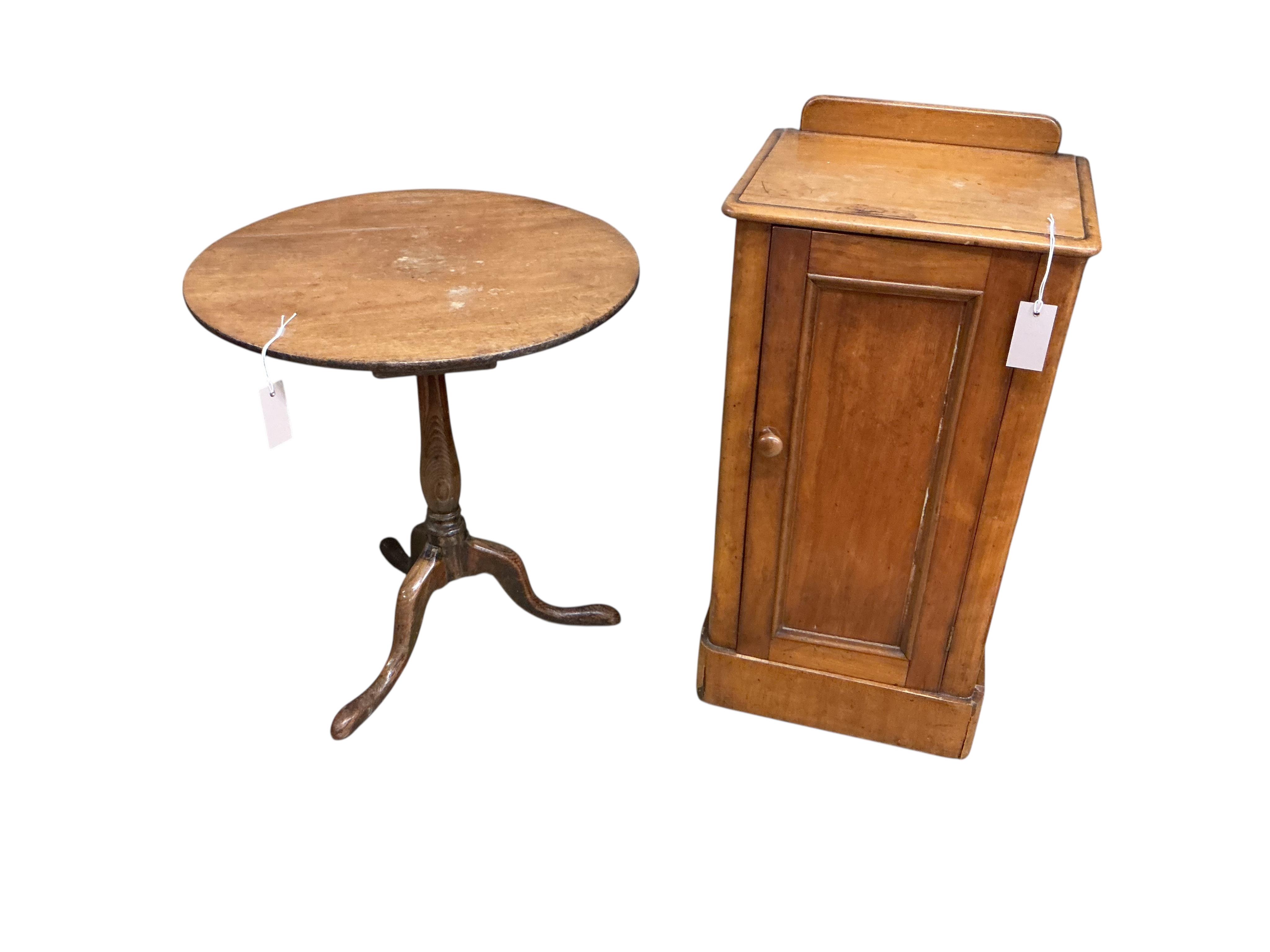 A Victorian mahogany bedside cabinet, width 38cm, height 80cm together with a George III and later oak and mahogany tripod wine table